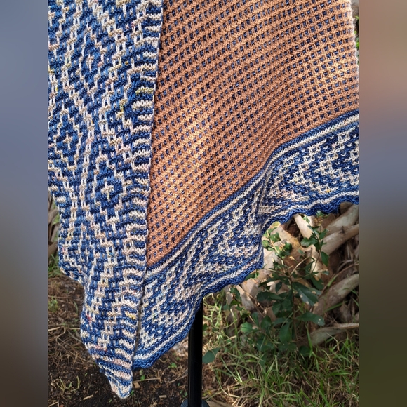 Hand Knit Shawl Blue Brown Beige Hand Dyed Yarn Mosaic Colorwork Soft Warm Cozy - Picture 16 of 16
